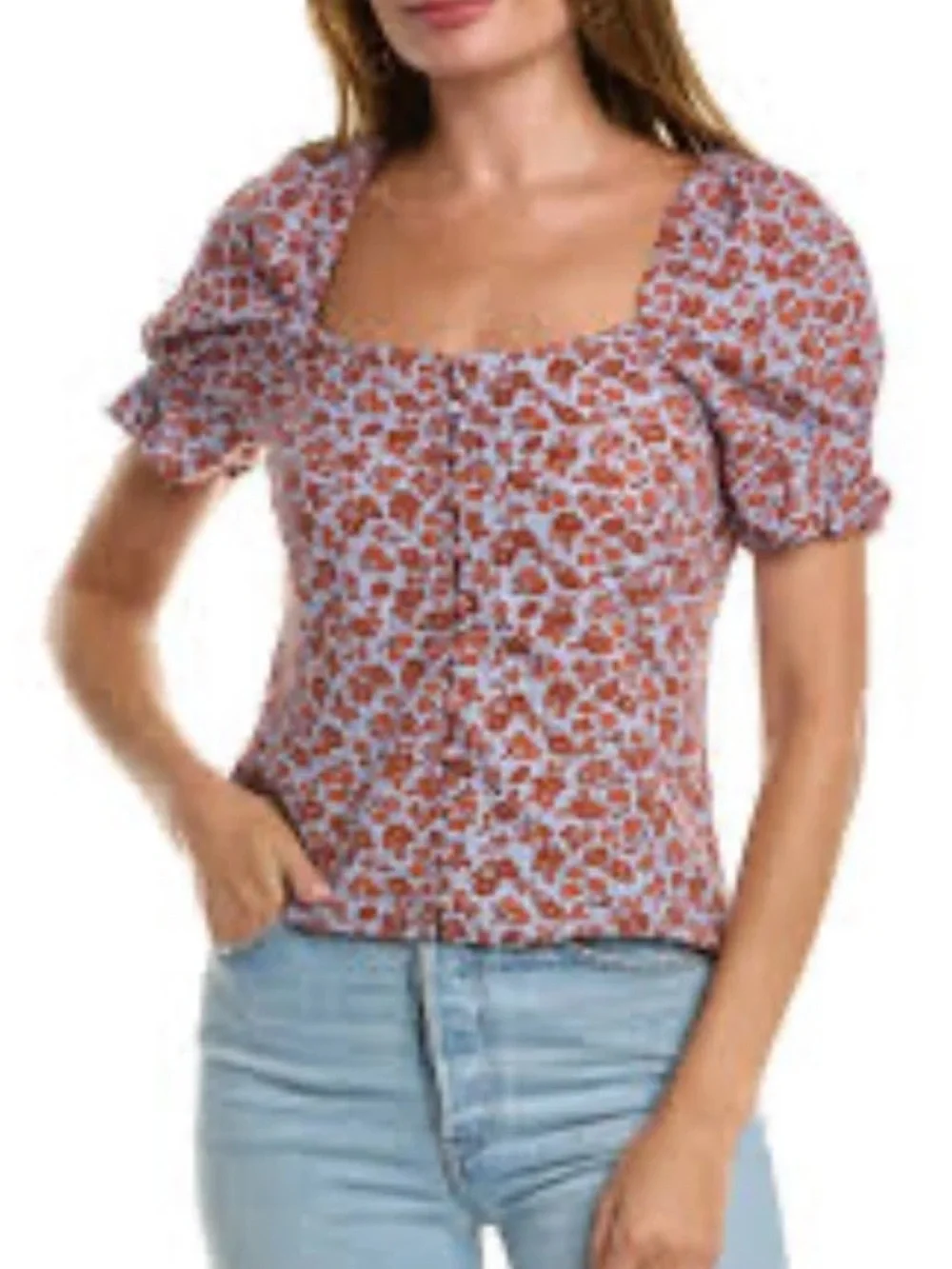 Madewell Kallie Floral Puff-Sleeve Square Neck Button Front Smocked Top Sz 4